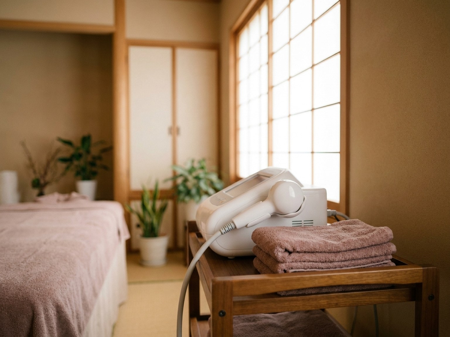 ベッドの横にタオルを置いた施術室のイメージ(仮の写真)